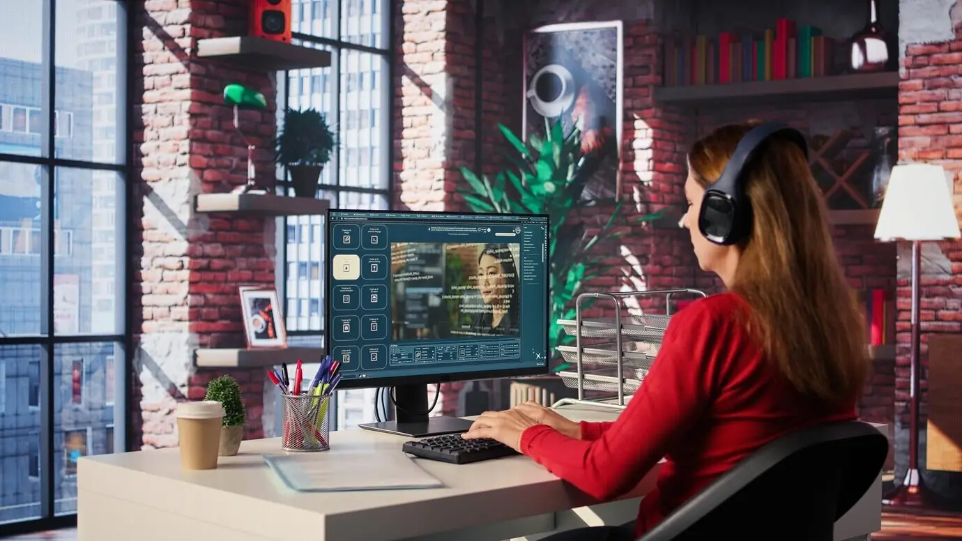 Разработчик программного обеспечения в домашнем офисе пишет код на настольном компьютере, используя скрипт на базе искусственного интеллекта.