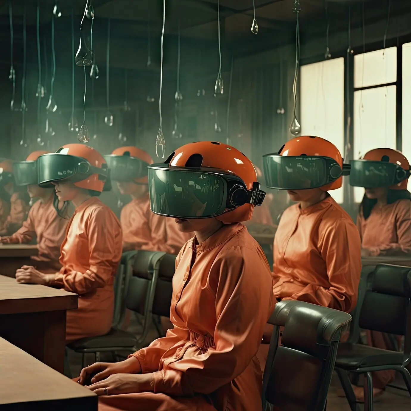 Международный день образования в футуристическом стиле со студентами и головными уборами