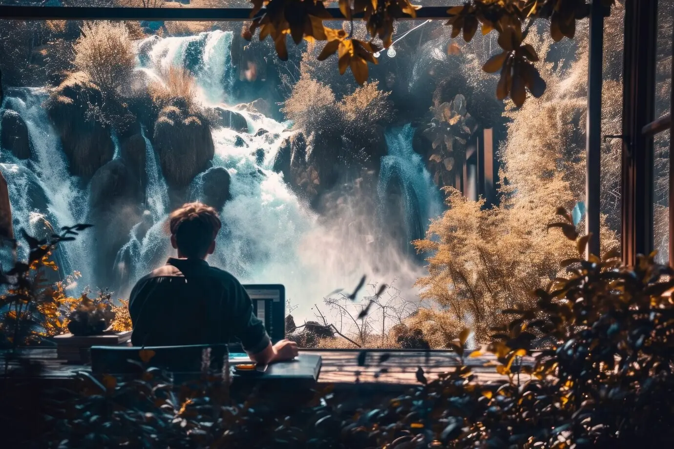 Сцена с разнообразной группой молодых людей — цифровых кочевников, работающих удалённо из мест мечты.