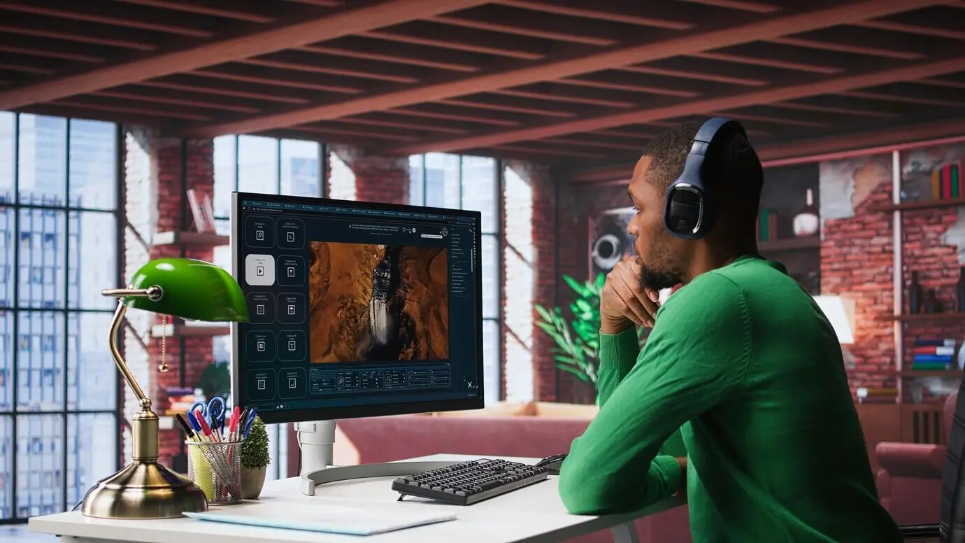 Видеограф-редактор создаёт материалы ИИ-арта с помощью программного обеспечения для преобразования текста в видео.